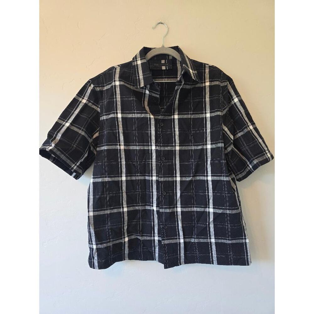 Zara Black White Plaid Button Up Men’s Medium Linen Blend Short Sleeve Minimal